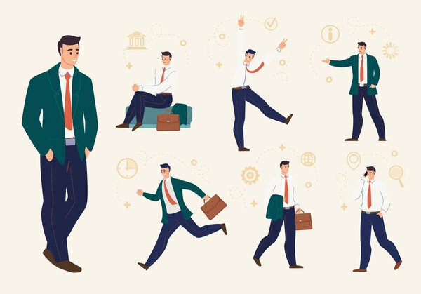 Young Businessman Work Situations Flat Vector Set