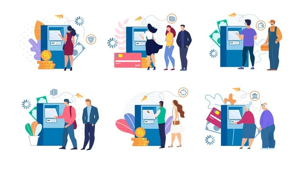 Cartoon People and Cashing Money at ATM Set — Stock Vector