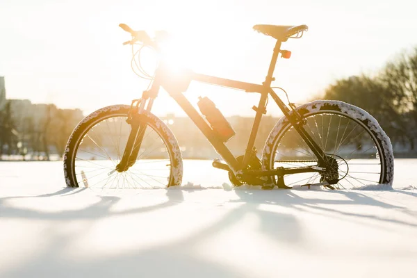 Stagione Invernale Bicicletta Bicicletta Nera Sulla Neve Nel Centro Della — Foto Stock