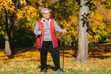 İskandinav yürüyüşünden sonra sonbahar parkında dinlenen yaşlı kadın. Kıdemli sporcu.