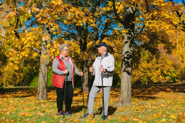 Pareja Bastante Mayor Pie Con Bastones Nórdicos Colorido Parque Otoño —  Fotos de Stock