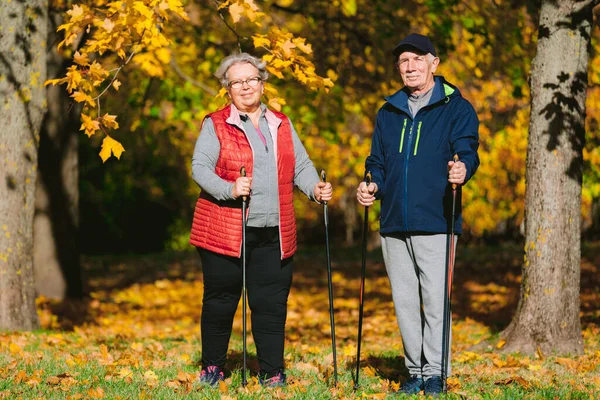 Pareja Bastante Mayor Pie Con Bastones Nórdicos Colorido Parque Otoño — Foto de Stock