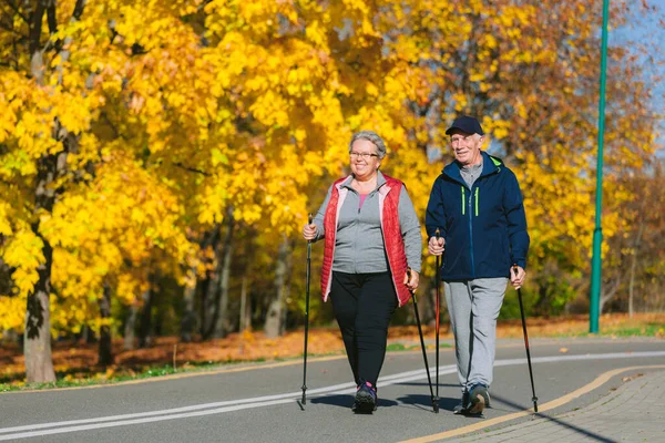 Hübsches Seniorenpaar Steht Mit Nordic Walking Stöcken Bunten Herbstpark Reife Stockbild