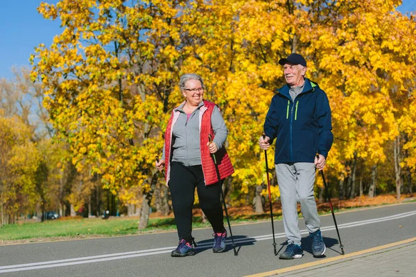 Hübsches Seniorenpaar Steht Mit Nordic Walking Stöcken Bunten Herbstpark Reife Stockbild
