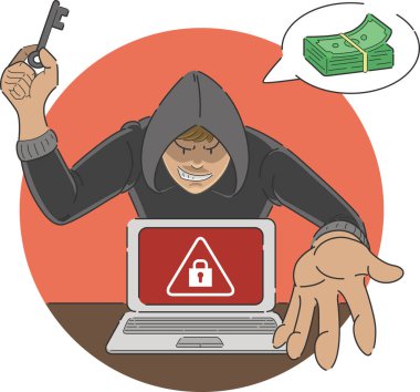 Fidye saldırısı, kötü amaçlı yazılım karikatürü. Bilgisayar ekranında alarm işareti var. Hacker 'ın kilidi açmak için para ödemesi tehdidi var.
