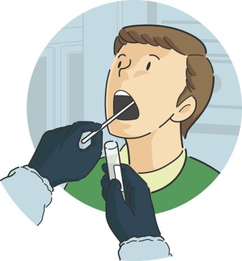Salgın virüs bakterisi salgını için önizleme protokolündeki erkek hastaya boğaz temizleme testi