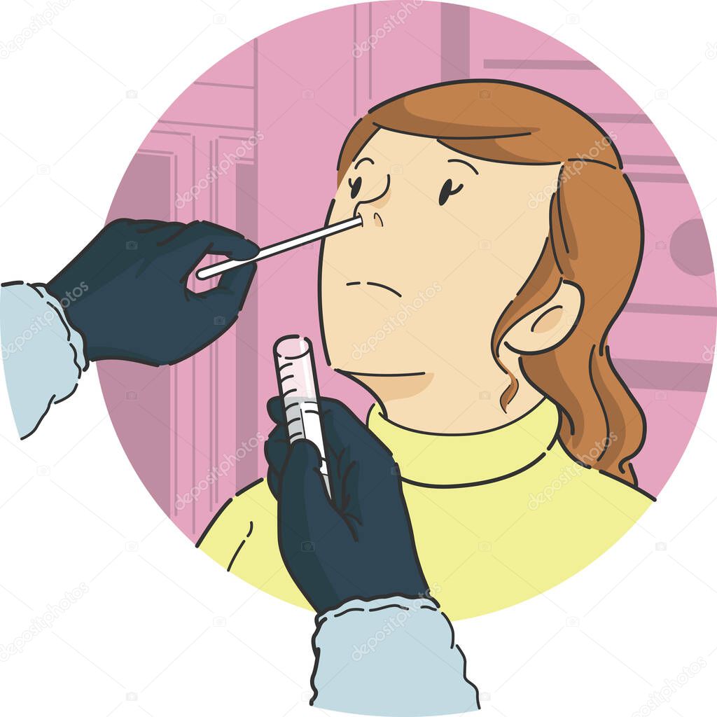 Nasal swab test on female patient in front view to check analyze specimen sample of illness disease infection