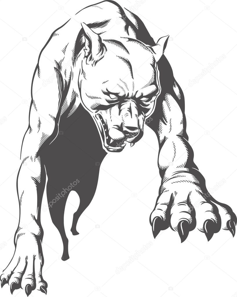 Silhouette jumping aggressive pitbull dog front view leaping isolated contour on black-and-white vector illustration