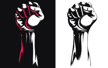Siluet kaldırılmış yumruk sıkılmış protesto yumruk vektör simgesi logosunun beyaz arkaplanda izole edilmiş hali