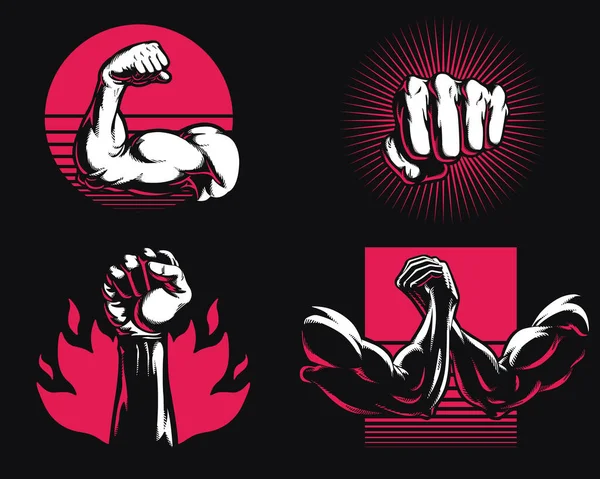 シルエットフィットネスジムボディビルディング腕の手のアイコンのロゴ混合武道のMmaベクトルイラスト孤立 — ストックベクタ
