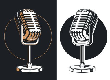 Siluet podcasting mikrofon izole vektör logo illüstrasyon kayıt siyah ve beyaz tarzı