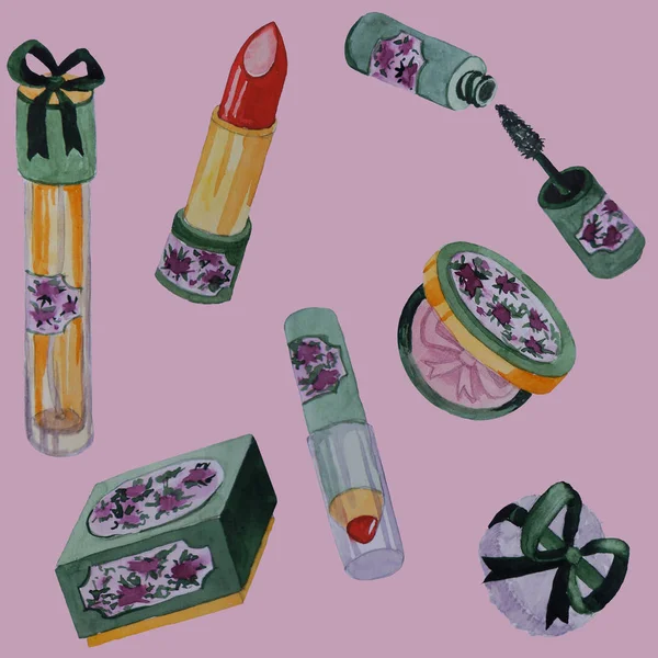 Makeup illustration. Decorative cosmetics seamless pattern. Lipstick, mascara, powder, shine, perfume