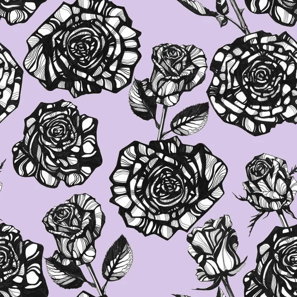 Awesome rose flowers. Hand drawn ink illustration. Wallpaper or fabric design.