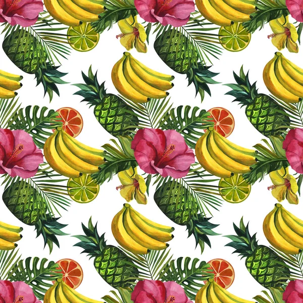 Watercolor pattern with tropical palm leaves, bananas, pineapples, flowers. Seamless pattern