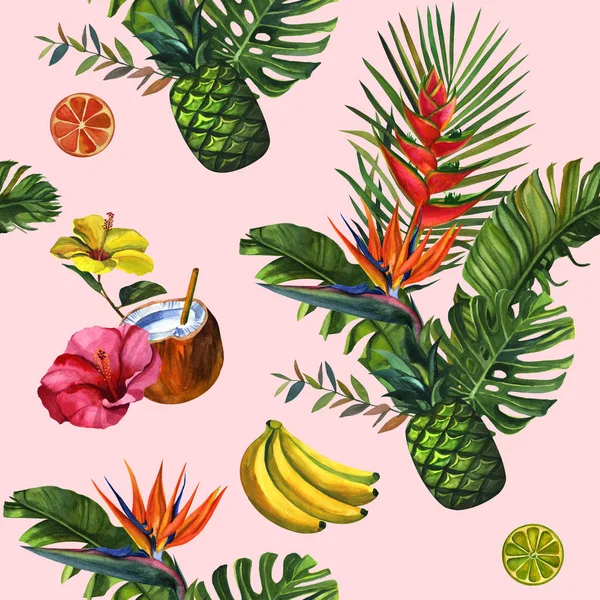Watercolour pattern with tropical palm leaves, bananas, pineapples, drinks party and flowers. Seamless pattern, summer background