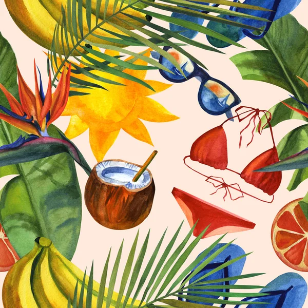 Beautiful hand drawn pattern with tropical palm, coconuts, pineapples, flip flops and sunglasses. Watercolor seamless pattern, summer background