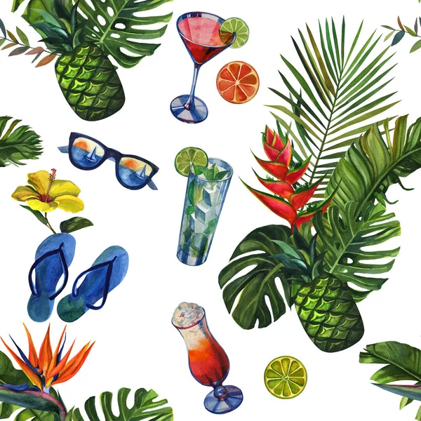 Watercolour pattern with tropical palm leaves, bananas, pineapples, drinks party and flowers. Seamless pattern, summer background