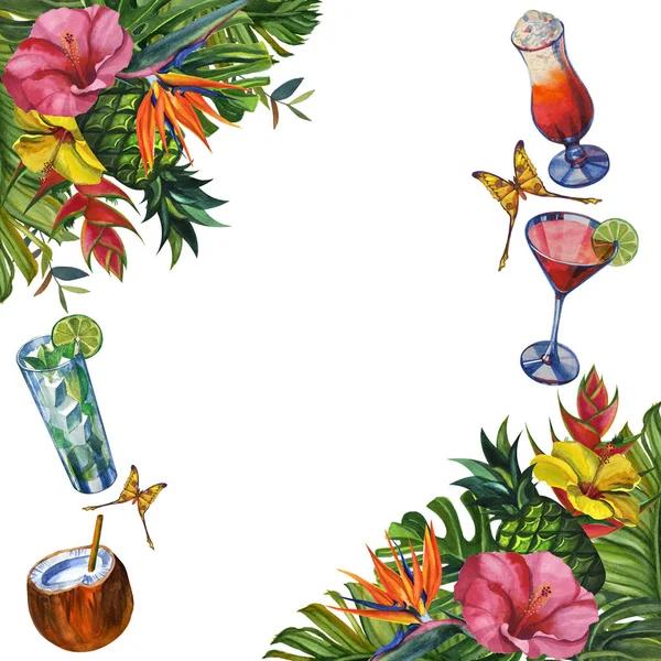 Watercolour pattern with tropical palm leaves, bananas, pineapples, drinks party and flowers.