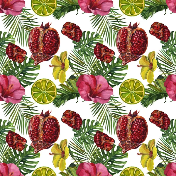 Pomegranate painting with tropical palm leaves, flowers. Seamless pattern