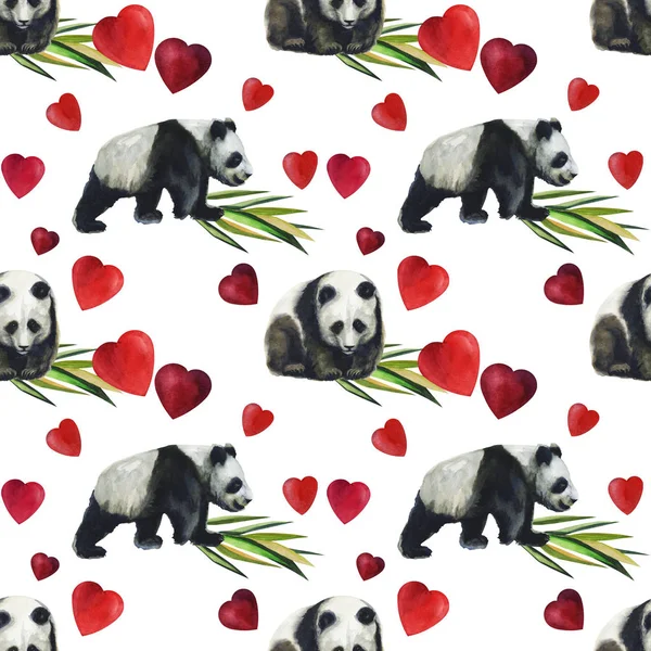 Hand drawn watercolor pattern with panda, bamboo leaves. Seamless patterns