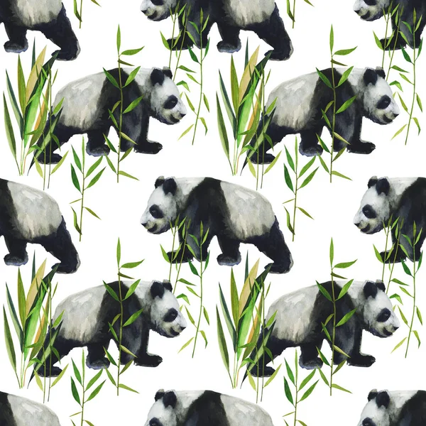 Hand drawn watercolor pattern with panda, bamboo leaves. Seamless patterns