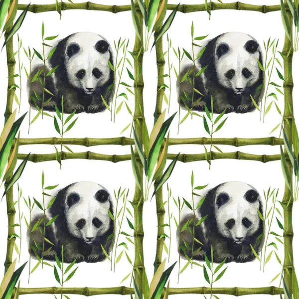 Hand drawn watercolor pattern with panda, bamboo leaves. Seamless patterns