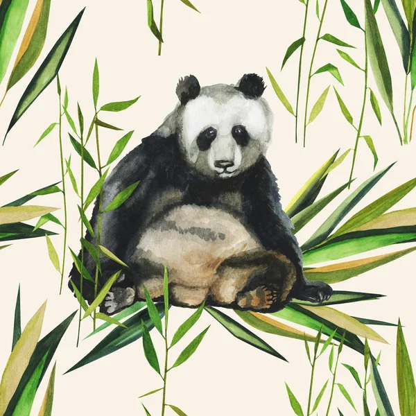 Hand drawn watercolor pattern with panda, bamboo leaves. Seamless patterns