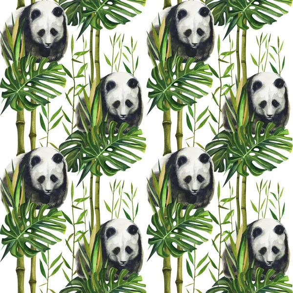 Hand drawn watercolor pattern with panda, bamboo leaves. Seamless patterns