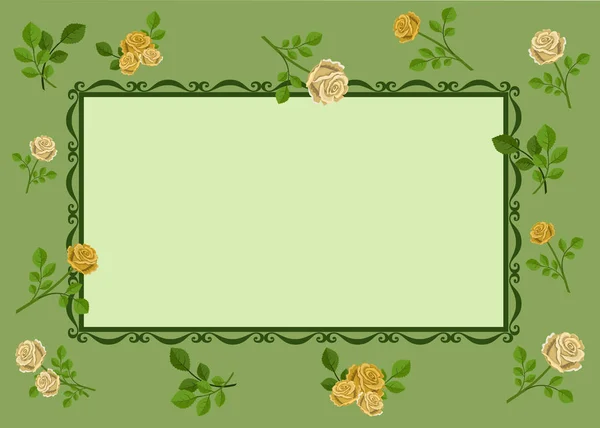 Векторная Иллюстрация Поздравительной Открытки Желтыми Розами Зеленом Фоне Украшенная Узором — стоковый вектор