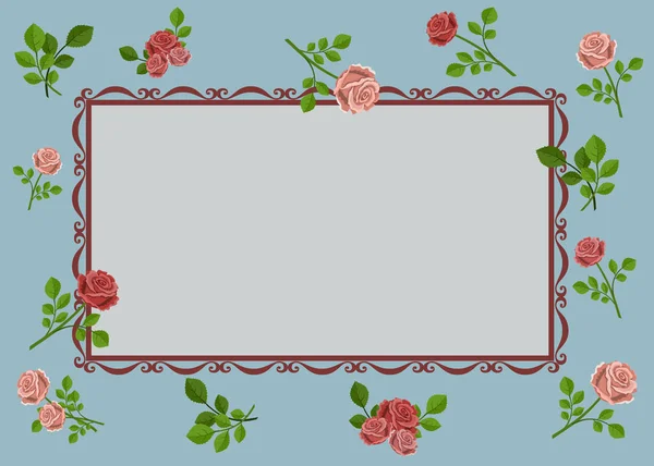 Ilustración Vectorial Tarjeta Felicitación Con Rosas Rosadas Sobre Fondo Azul — Vector de stock