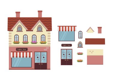 Beyaz arka plan üzerinde izole ayrı elemanları ile ev kahve Schop çizgi film