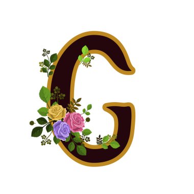 Vektör çizim çiçek alfabe. Güller ve beyaz arka plan üzerinde izole yaprak, G harfi süslenmiş.