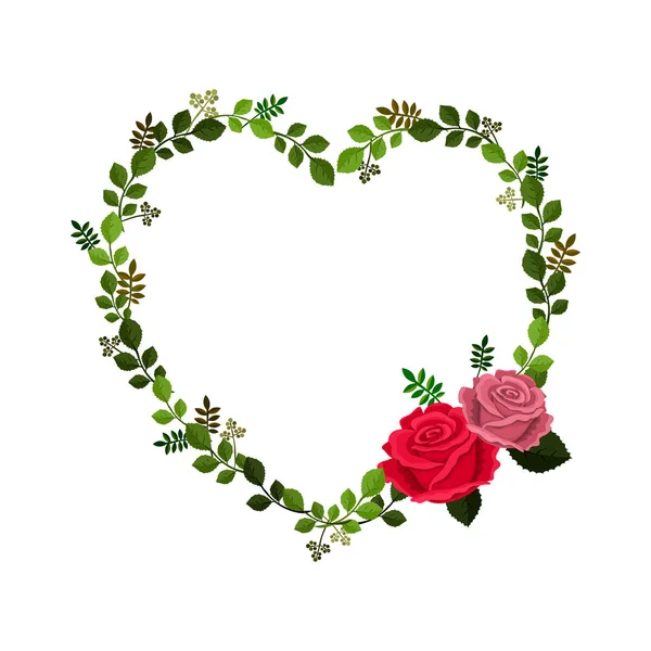 Illustration Vectorielle Cadre Forme Coeur Orné Roses Feuilles Isolé Sur — Image vectorielle