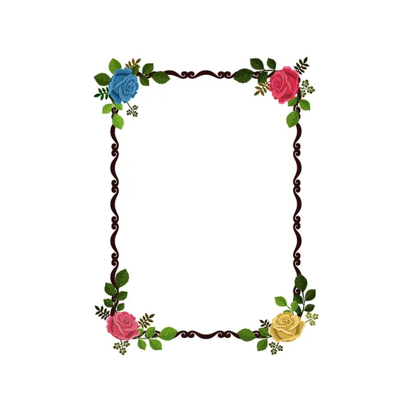 装饰有玫瑰和叶子的长方形框架, 在白色背景下被隔绝 — 图库矢量图片
