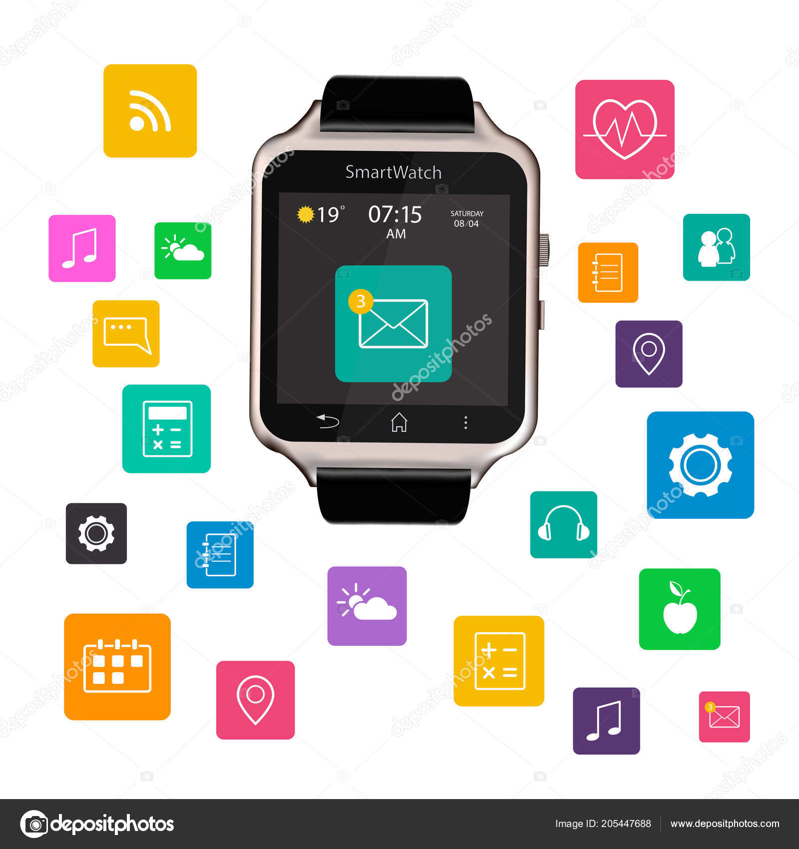 Smart Watch device display with app icons. Isolated on white background. — Stock Vector
