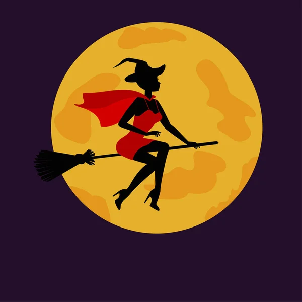 Halloween witch flying on broom in background of moon — Stock Vector
