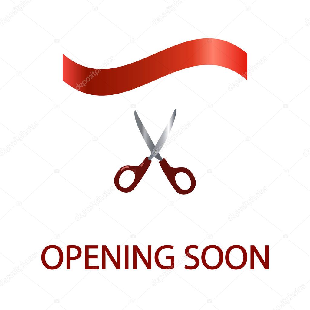 Red banner Opening soon with scissors, isolated on white background