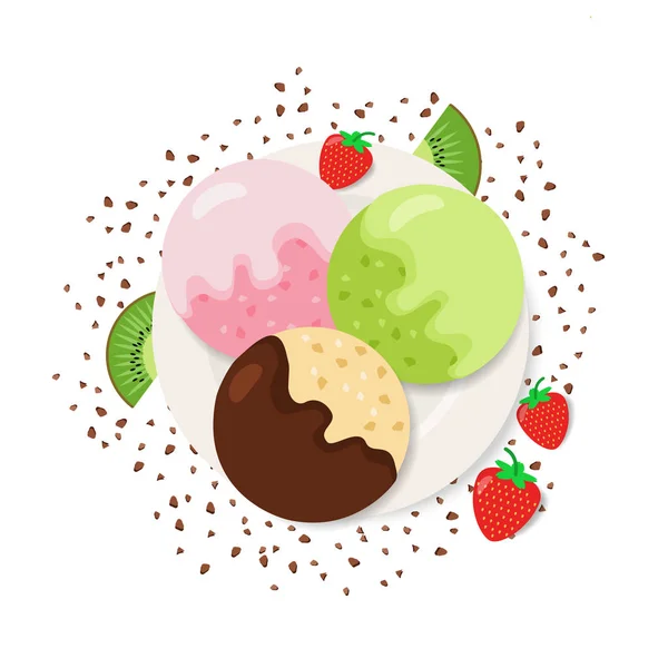 Set de helados con frutas en plato — Vector de stock