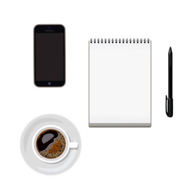 Akıllı telefon, defter, kalem ve kahve işyeri.