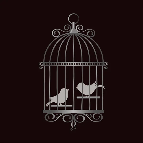 Silver vintage bird cage with bird silhouettes — Stock Vector