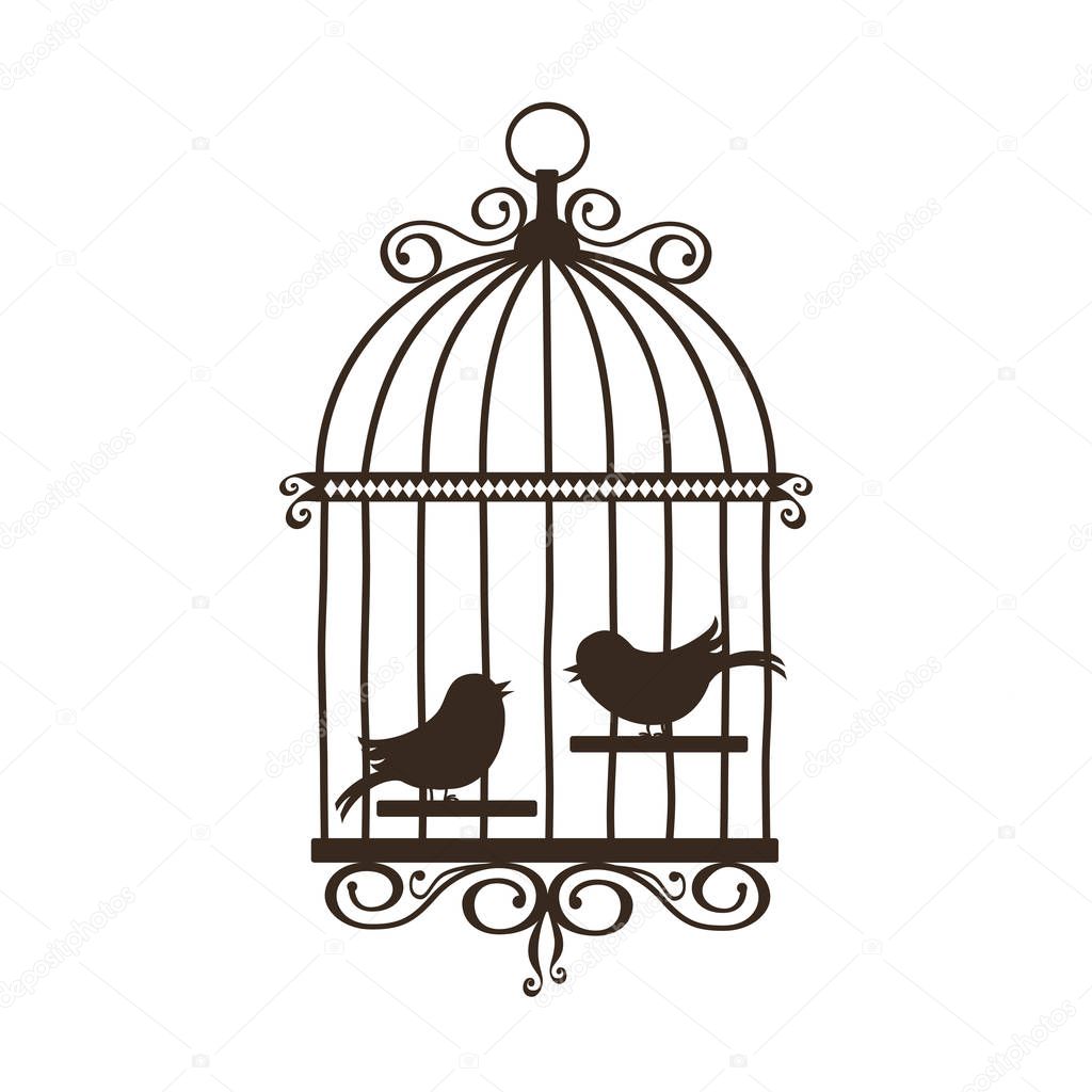 Silhouette of vintage birdcage on white background