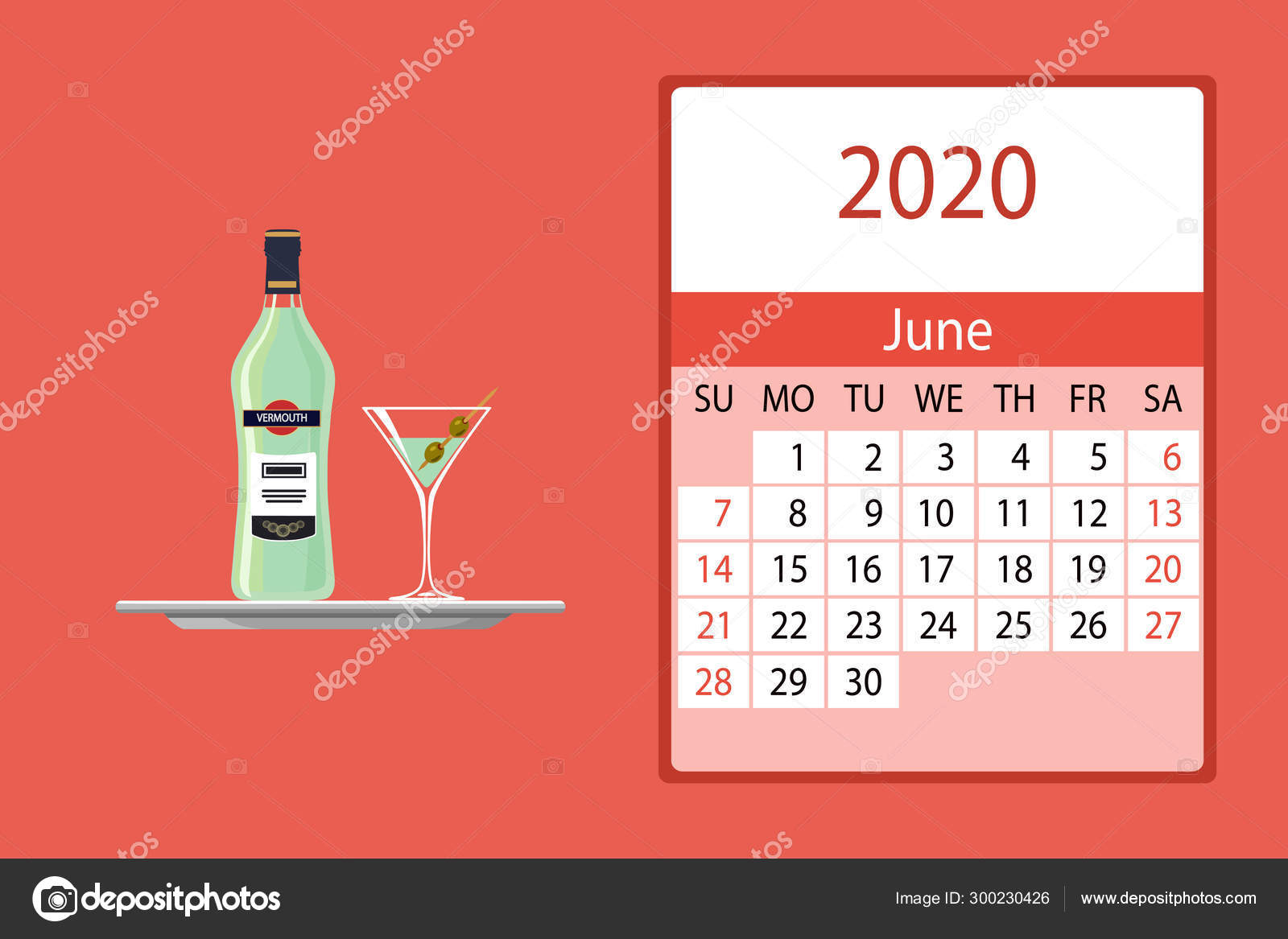 カレンダー かわいいマティーニボトルで飾られた6月の月刊カレンダー ストックベクター C Tanyabegun