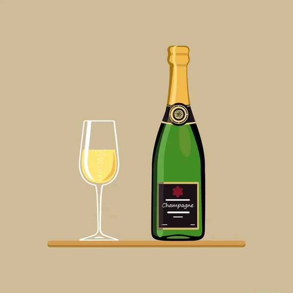 Пляшка шампанського з келихом на підносі — стоковий вектор