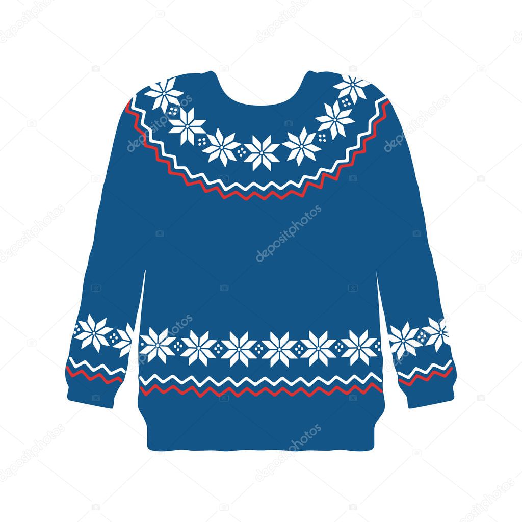 Knitted sweater with ?hristmas pattern. New Year. Isolated on white background