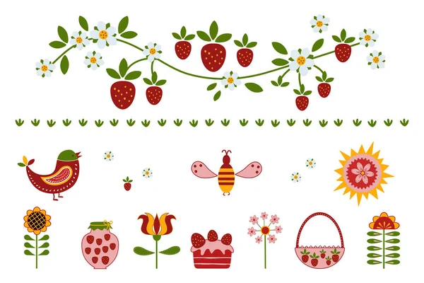 Volkskunst. Aardbeien plukken. Clip kunst van de zomer items op witte achtergrond — Stockvector