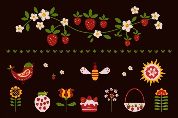 Volkskunst. Aardbeien plukken. Clip kunst van de zomer items op donkere achtergrond — Stockvector