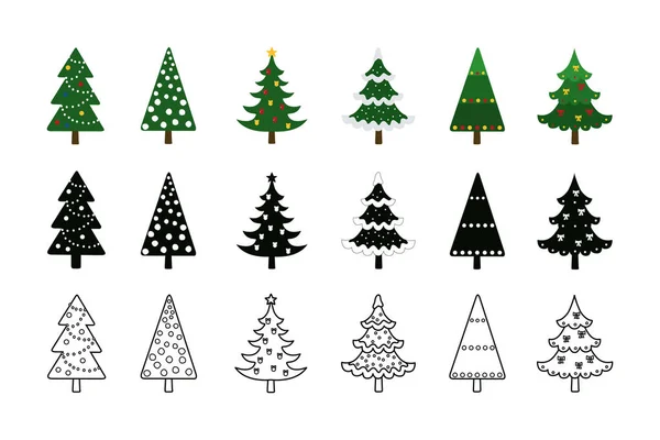 Vánoční stromky. Sada vánočních stromků ve stylu barevné, siluety a line art — Stockový vektor