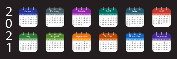 Calendrier 2021 Semaine Commence Dimanche Design Coloré Sur Fond Sombre — Image vectorielle