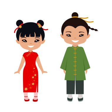 Çin 'in ulusal kostümlü sevimli karakterleri Chibi Kawaii. Düz çizgi film biçimi, Vektör illüstrasyonu