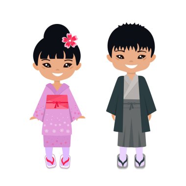 Ulusal Japon kostümü giymiş sevimli chibi kawaii karakterleri. Düz çizgi film tarzı. Vektör illüstrasyonu